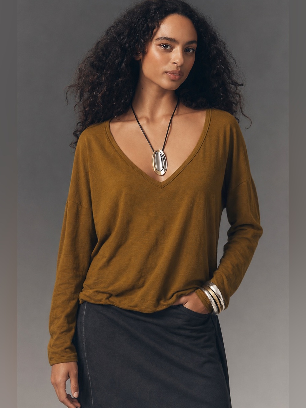 NEW Anthropologie V Neck Oversized Long Sleeve Knit Top Ginger Size Small 150